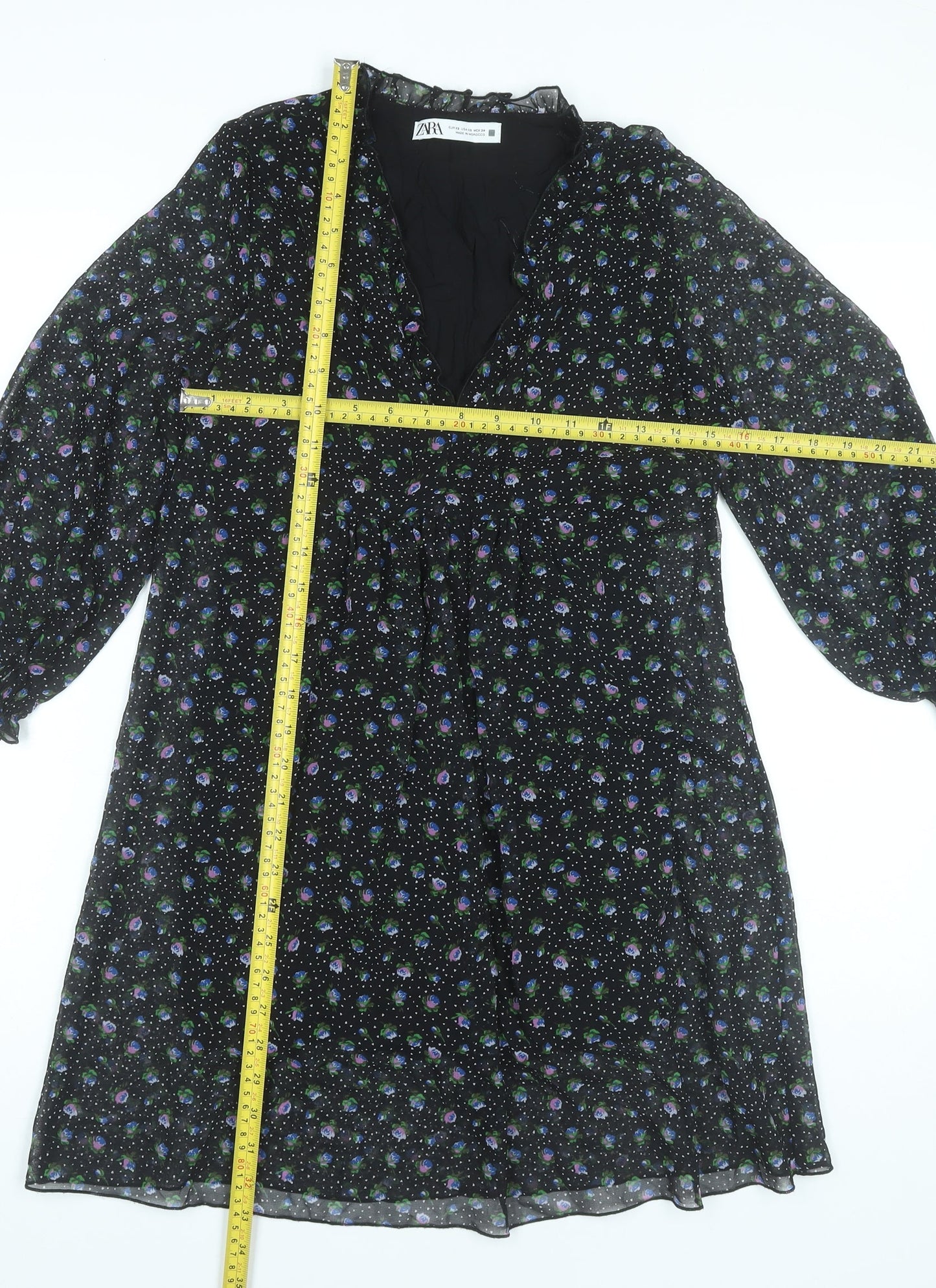 Zara Womens Black XS Floral A-Line Knee Length V-Neck Dress
