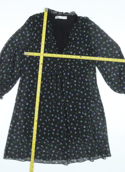 Zara Womens Black XS Floral A-Line Knee Length V-Neck Dress