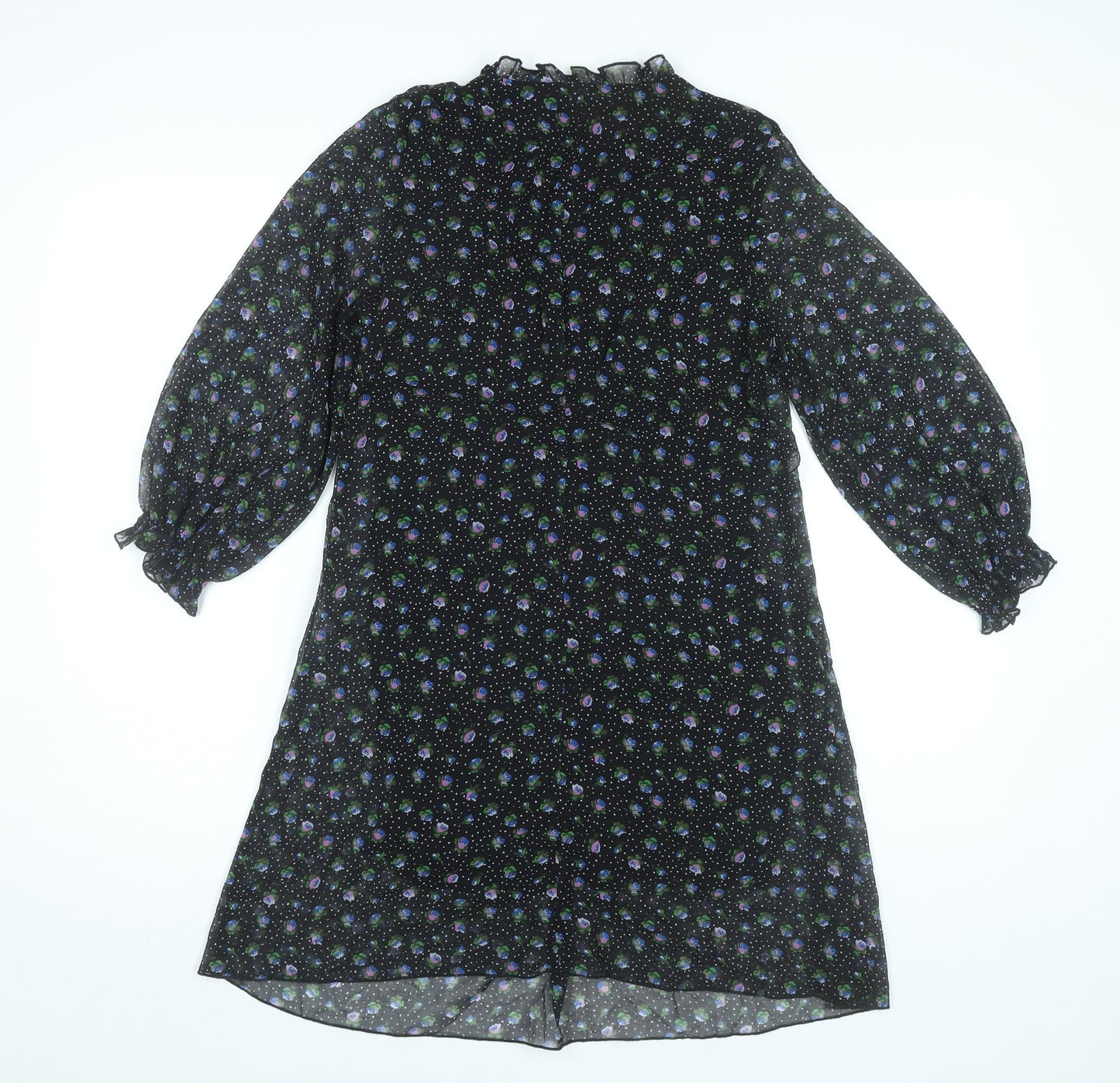 Zara Womens Black XS Floral A-Line Knee Length V-Neck Dress