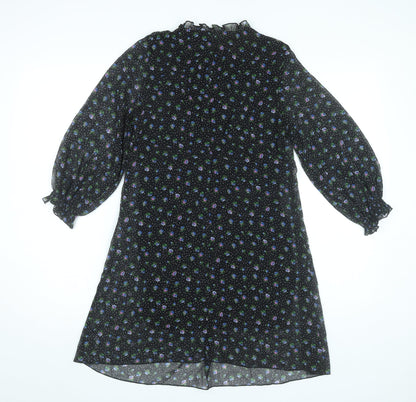 Zara Womens Black XS Floral A-Line Knee Length V-Neck Dress