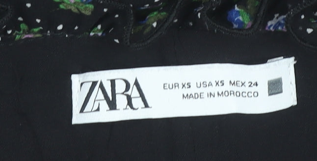 Zara Womens Black XS Floral A-Line Knee Length V-Neck Dress