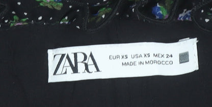 Zara Womens Black XS Floral A-Line Knee Length V-Neck Dress