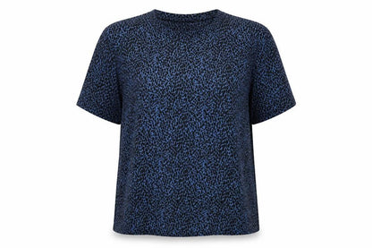 Front view of b.young women’s blue animal print short sleeve blouse m