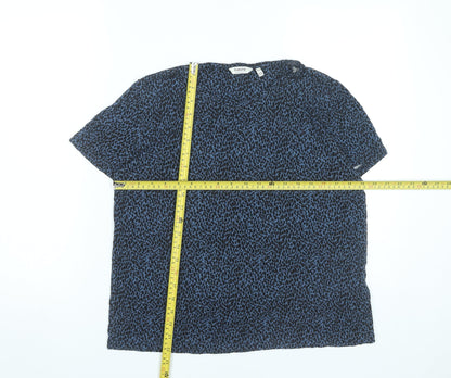 b.young Womens Blue Animal Print Short Sleeve Blouse M