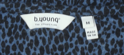 b.young Womens Blue Animal Print Short Sleeve Blouse M