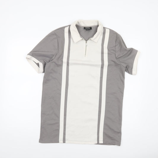 BoohooMAN Men’s Grey Polo Shirt M Short Sleeve Retro 1/4 Zip