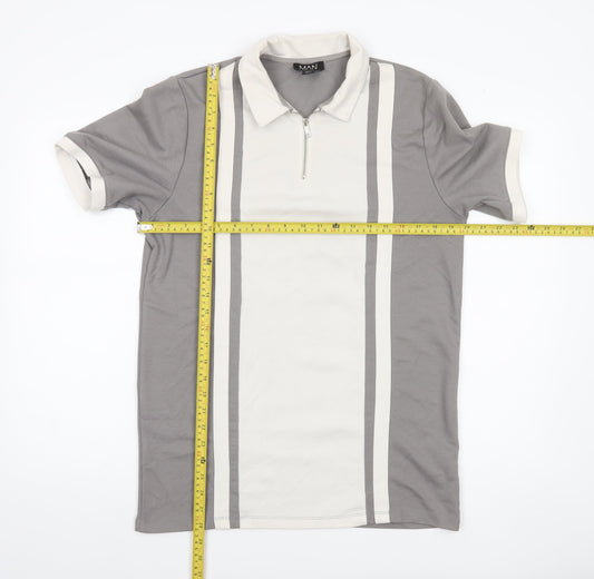 BoohooMAN Men’s Grey Polo Shirt M Short Sleeve Retro 1/4 Zip