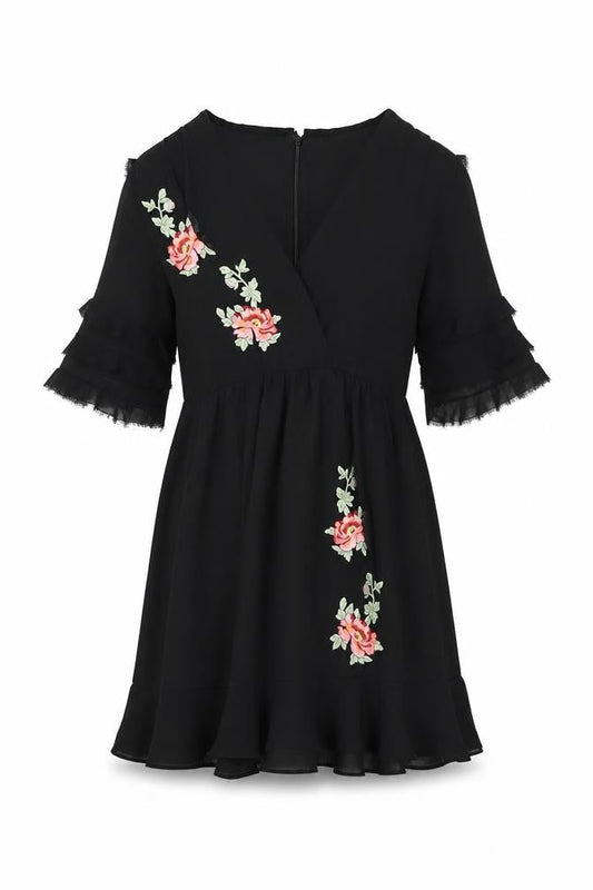 Topshop Women’s Black Floral Embroidered Short Dress Size 8