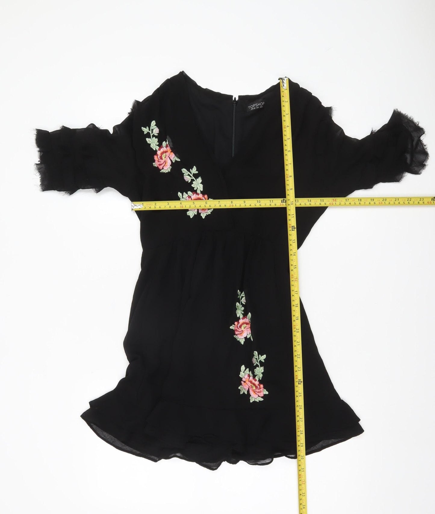 Topshop Women’s Black Floral Embroidered Short Dress Size 8