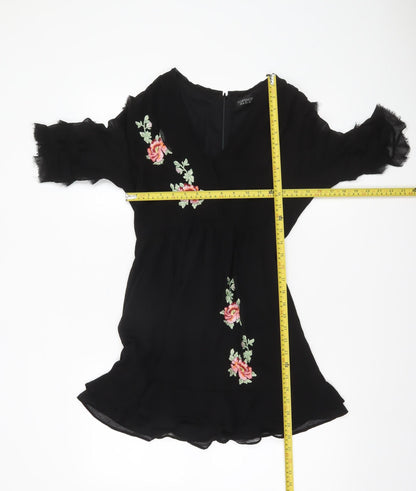 Topshop Women’s Black Floral Embroidered Short Dress Size 8