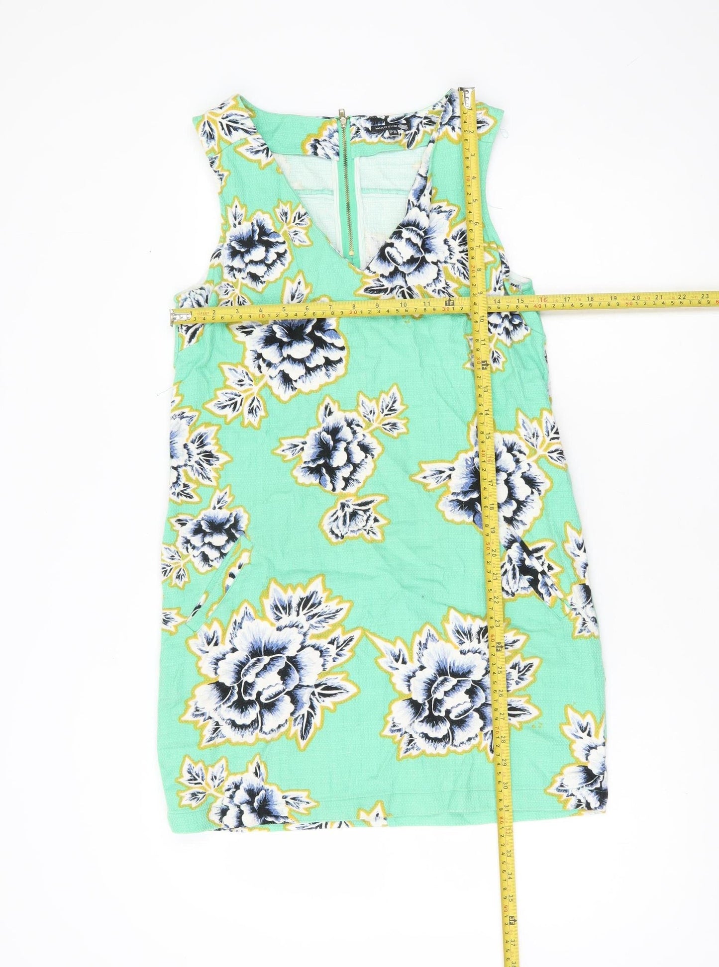 Warehouse Women’s Green Floral Shift Dress UK 12 Sleeveless V-Neck