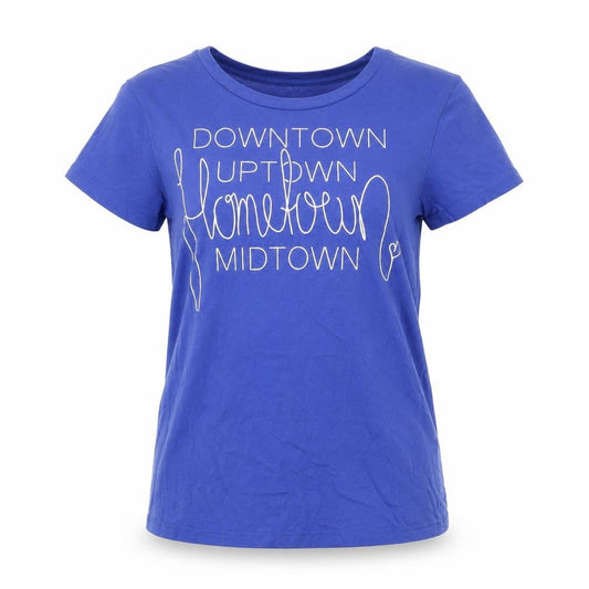 Front view of L.O.G.G. women’s blue cotton graphic t-shirt, size UK 8
