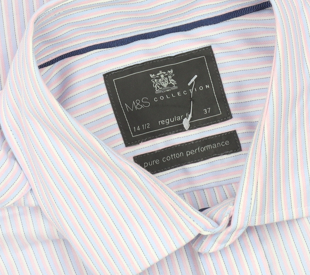Marks and Spencer Men's Multicoloured 14.5 Regular Fit Striped Button-Up Shirt