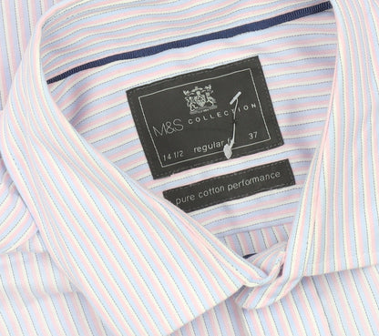 Marks and Spencer Men's Multicoloured 14.5 Regular Fit Striped Button-Up Shirt