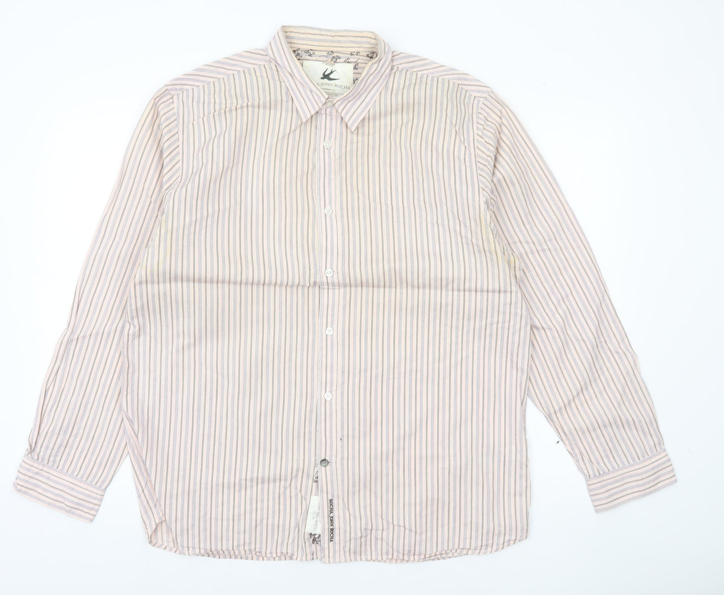 John Rocha Men’s Beige Striped Cotton Long Sleeve Button-Up Shirt L