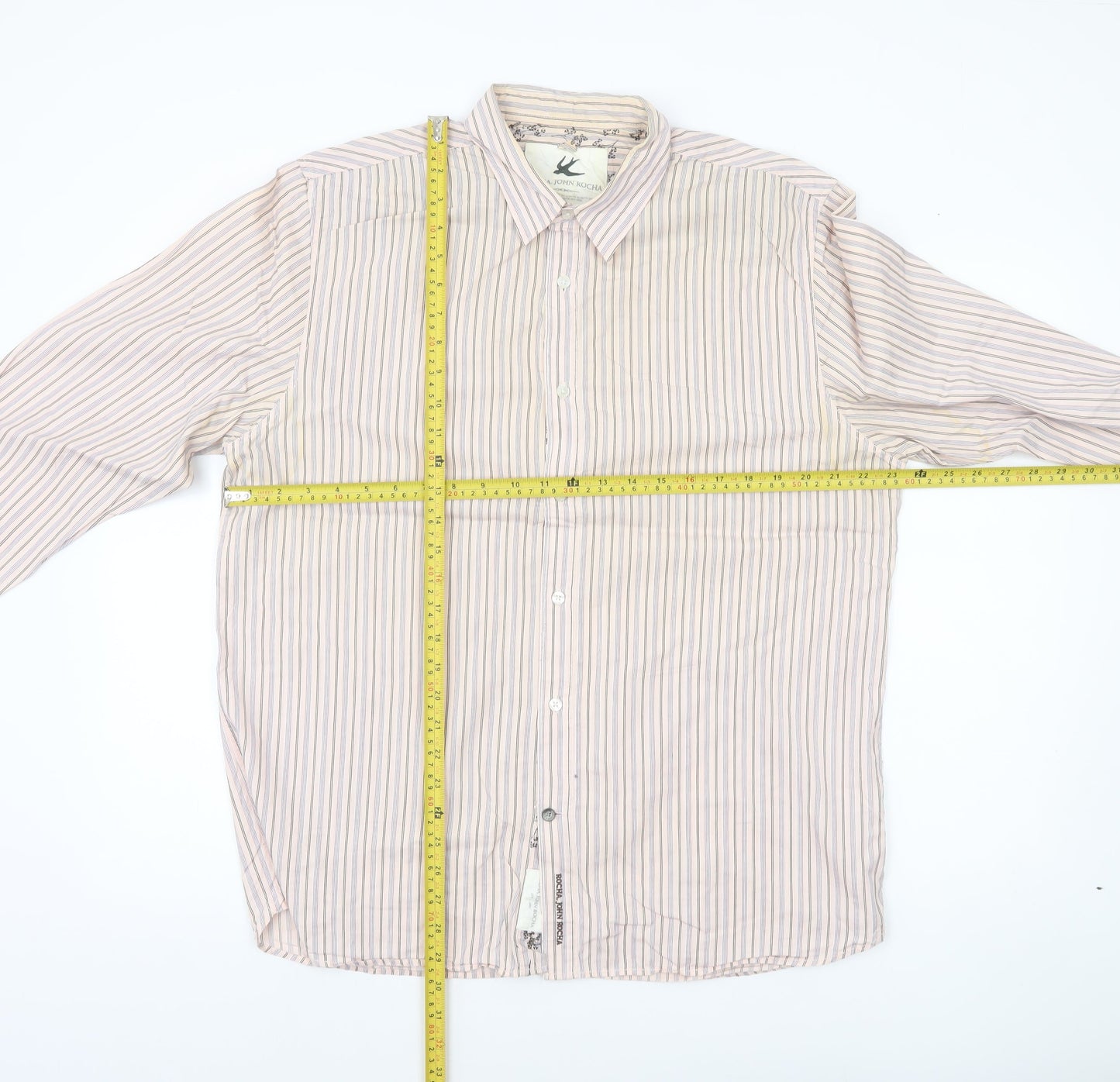 John Rocha Men’s Beige Striped Cotton Long Sleeve Button-Up Shirt L