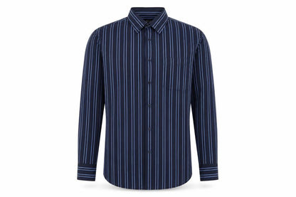 Front view of Taylor & Wright Men’s Blue Striped Button-Up Shirt, size M, 38-40in