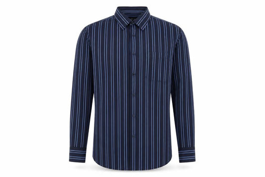 Front view of Taylor & Wright Men’s Blue Striped Button-Up Shirt, size M, 38-40in