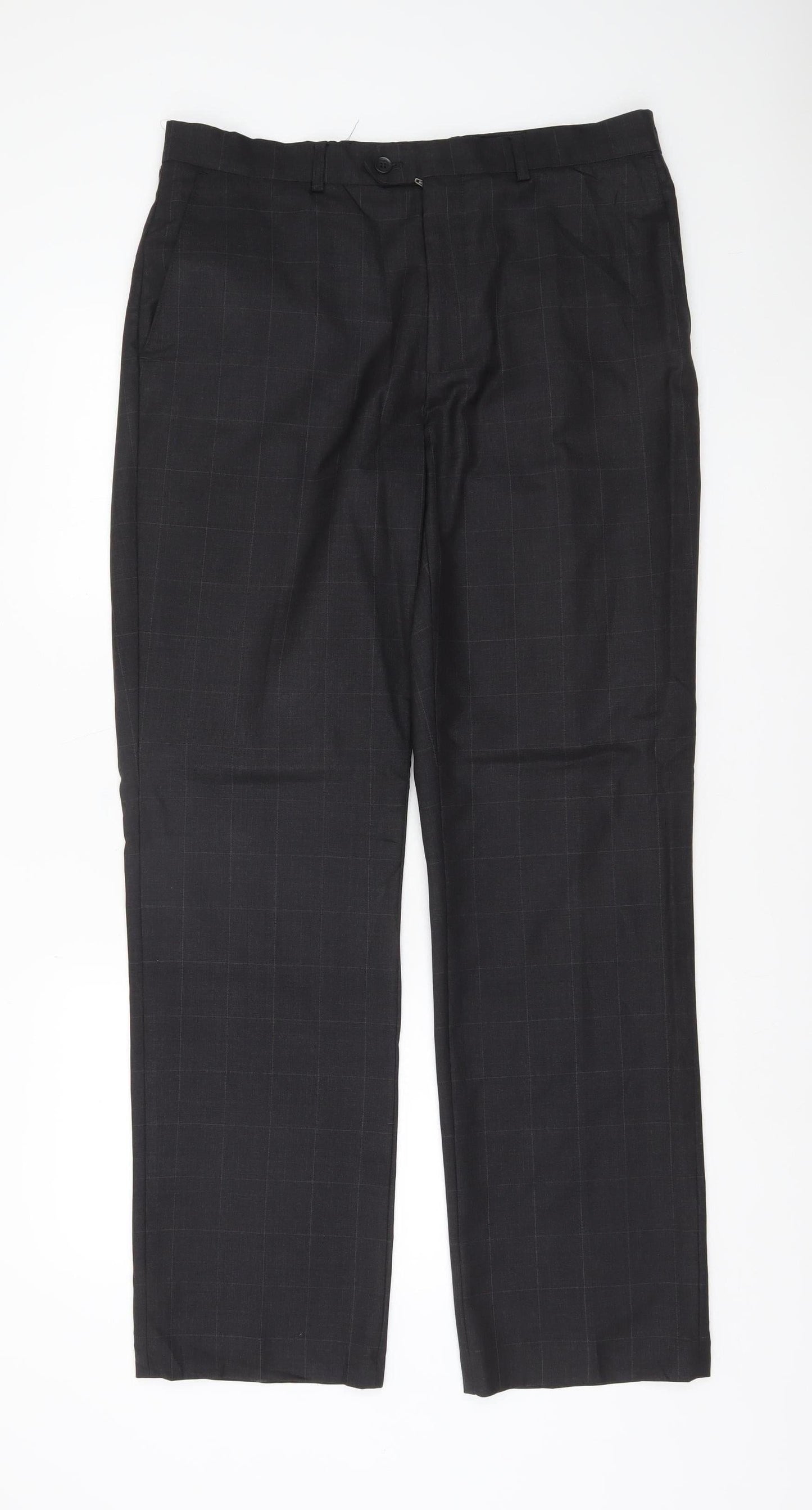 Moss Mens Black 34R Wool Blend Checked Dress Trousers