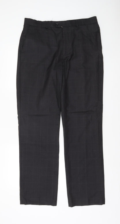Moss Mens Black 34R Wool Blend Checked Dress Trousers