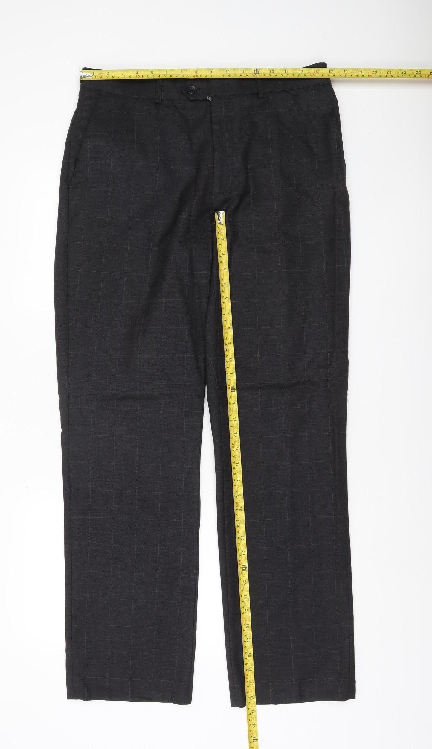 Moss Mens Black 34R Wool Blend Checked Dress Trousers