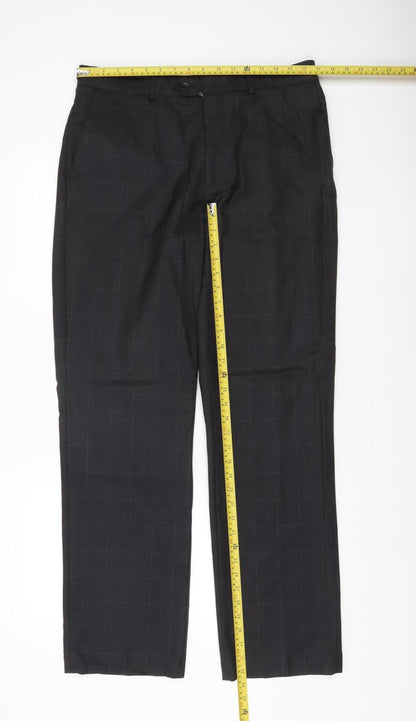 Moss Mens Black 34R Wool Blend Checked Dress Trousers