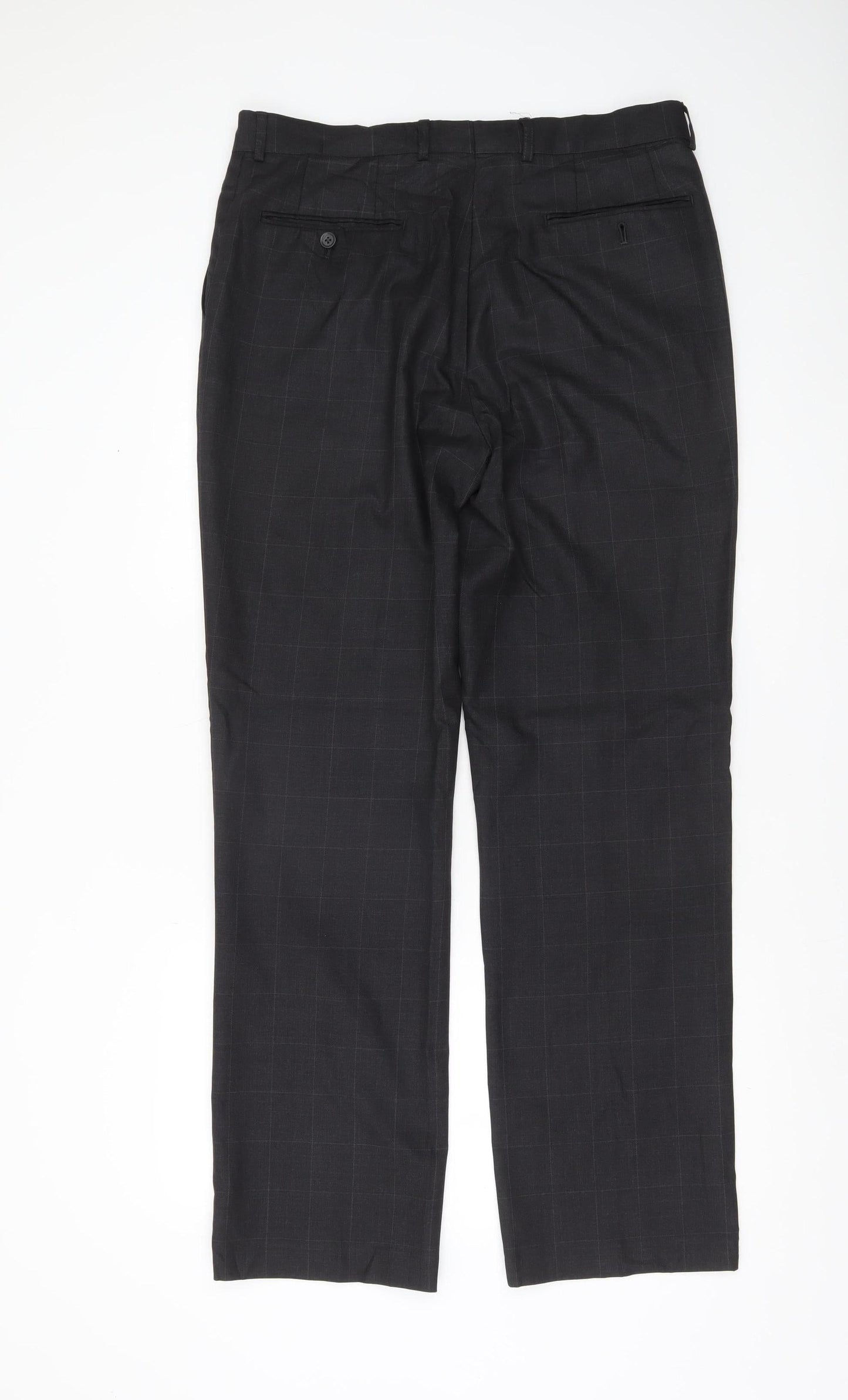 Moss Mens Black 34R Wool Blend Checked Dress Trousers