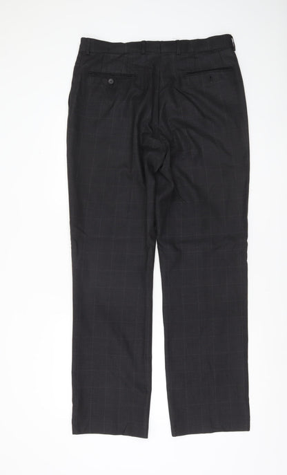 Moss Mens Black 34R Wool Blend Checked Dress Trousers