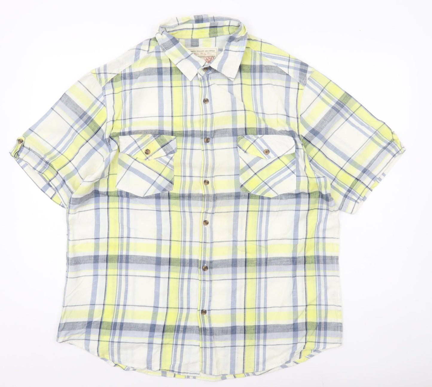 Sandstone Men's Yellow Plaid Cotton Short Sleeve Button-Up Shirt L