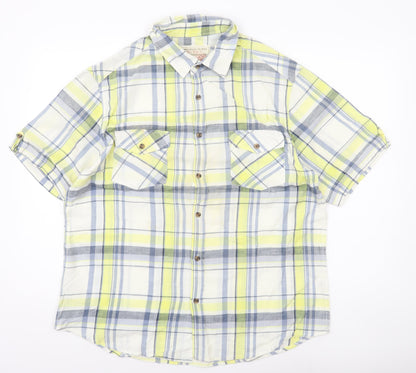 Sandstone Men's Yellow Plaid Cotton Short Sleeve Button-Up Shirt L