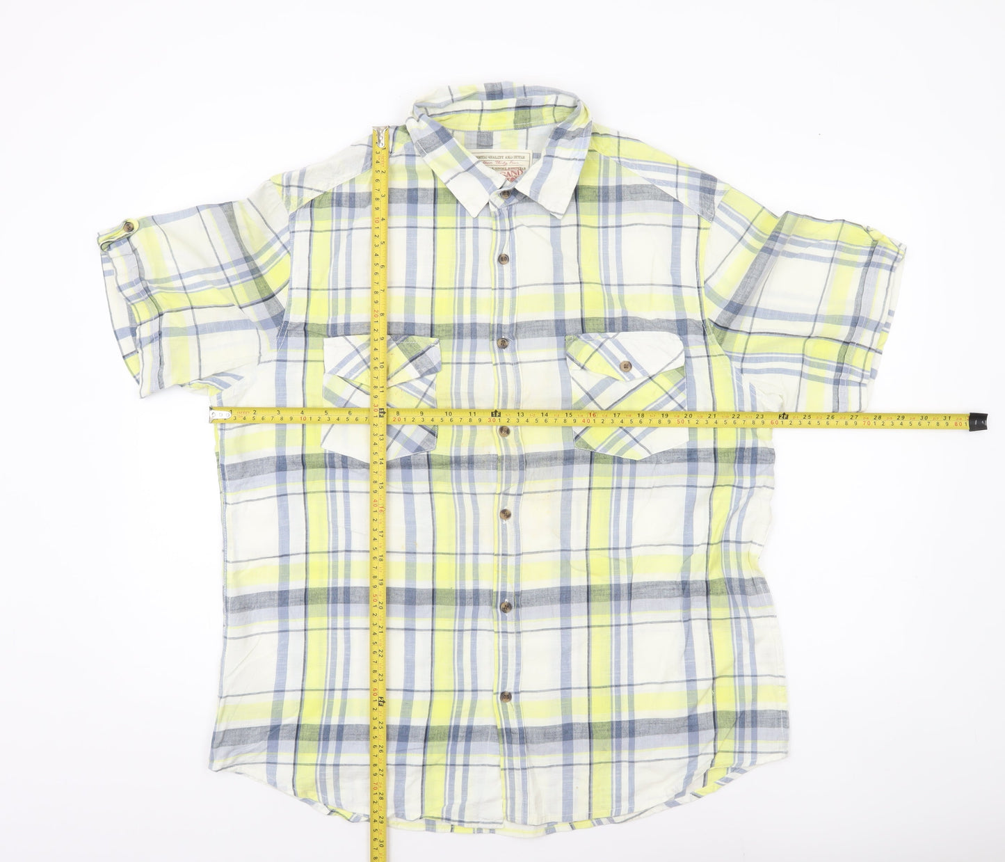 Sandstone Men's Yellow Plaid Cotton Short Sleeve Button-Up Shirt L