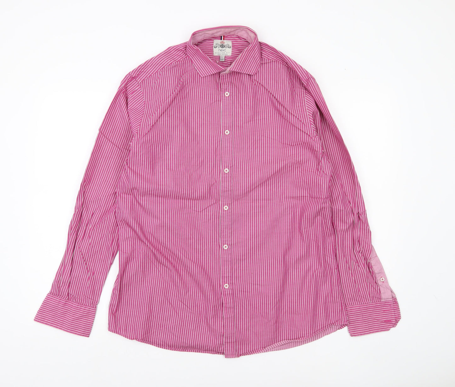 Next Men’s Pink Striped Cotton Shirt 15.5 Collar Regular Fit Long Sleeve
