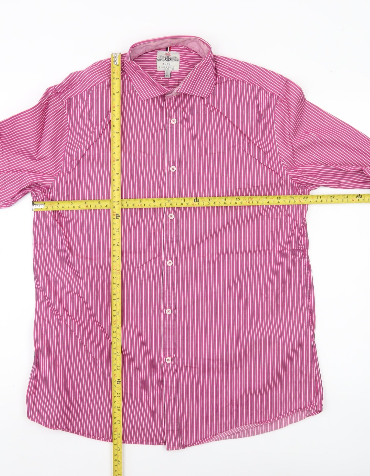 Next Men’s Pink Striped Cotton Shirt 15.5 Collar Regular Fit Long Sleeve