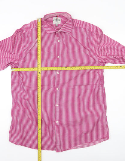 Next Men’s Pink Striped Cotton Shirt 15.5 Collar Regular Fit Long Sleeve