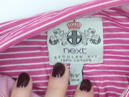 Next Men’s Pink Striped Cotton Shirt 15.5 Collar Regular Fit Long Sleeve