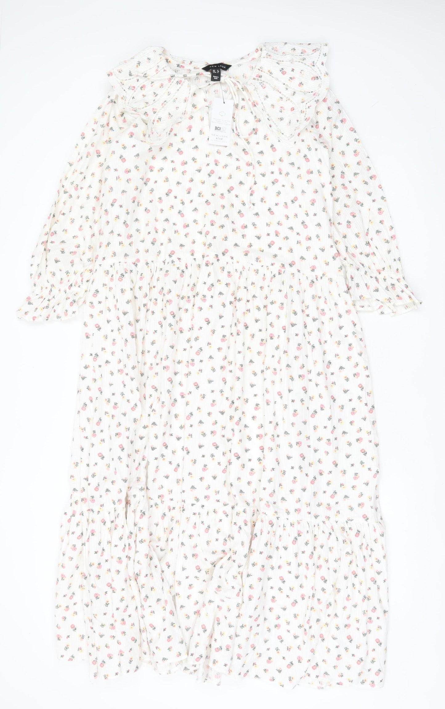New Look Women White Floral Midi A-Line Dress Size 8 Long Sleeve