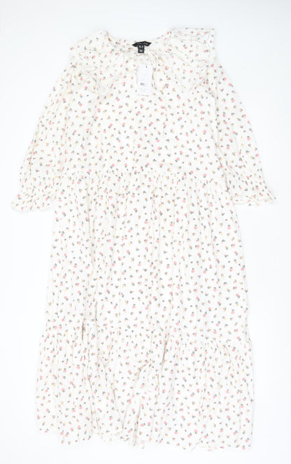 New Look Women White Floral Midi A-Line Dress Size 8 Long Sleeve