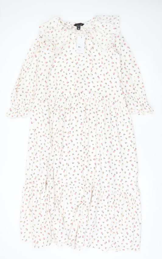 New Look Women White Floral Midi A-Line Dress Size 8 Long Sleeve