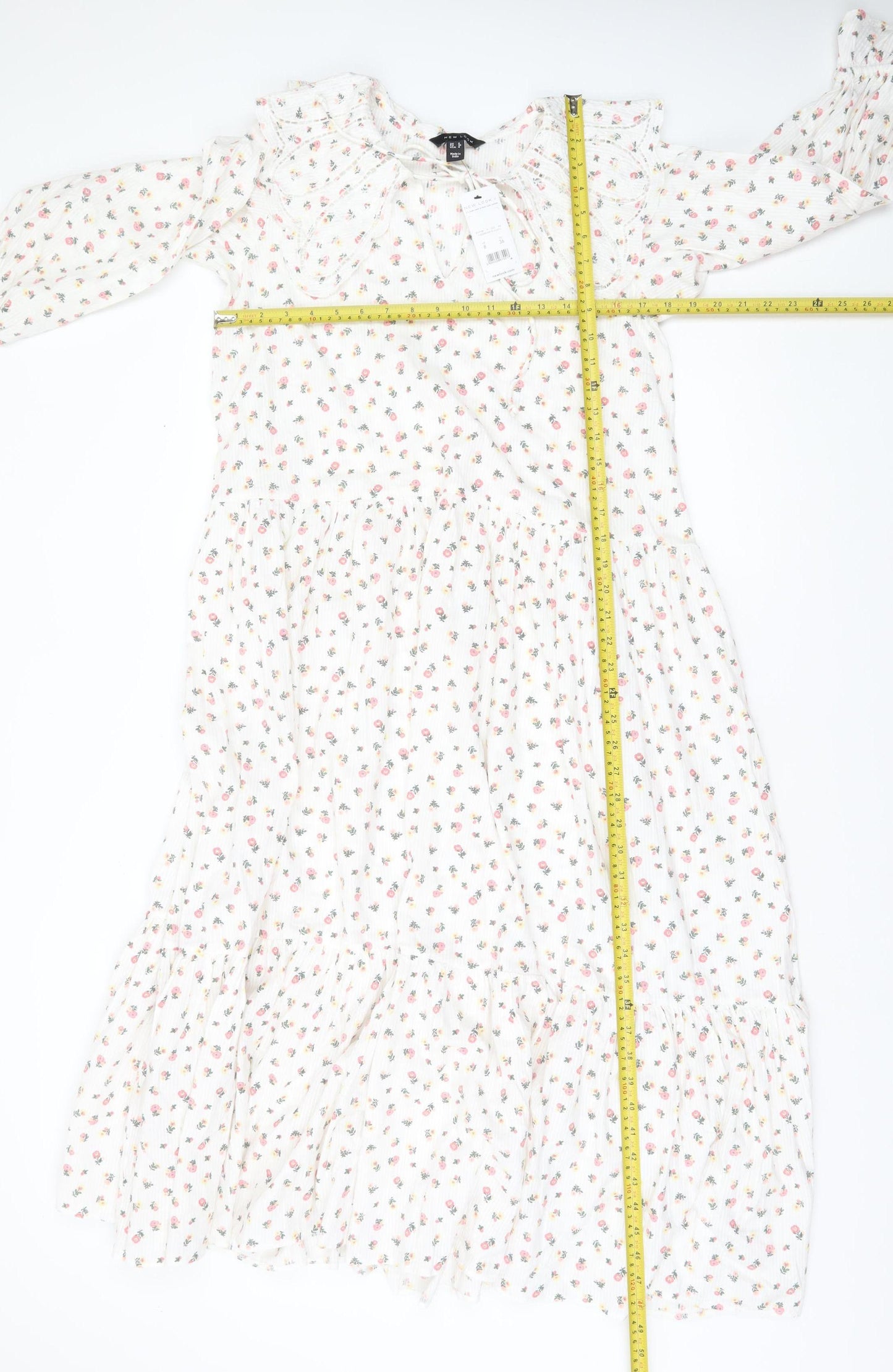 New Look Women White Floral Midi A-Line Dress Size 8 Long Sleeve