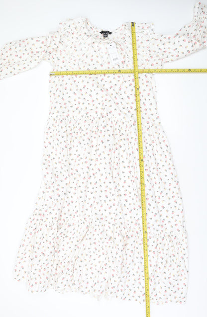 New Look Women White Floral Midi A-Line Dress Size 8 Long Sleeve