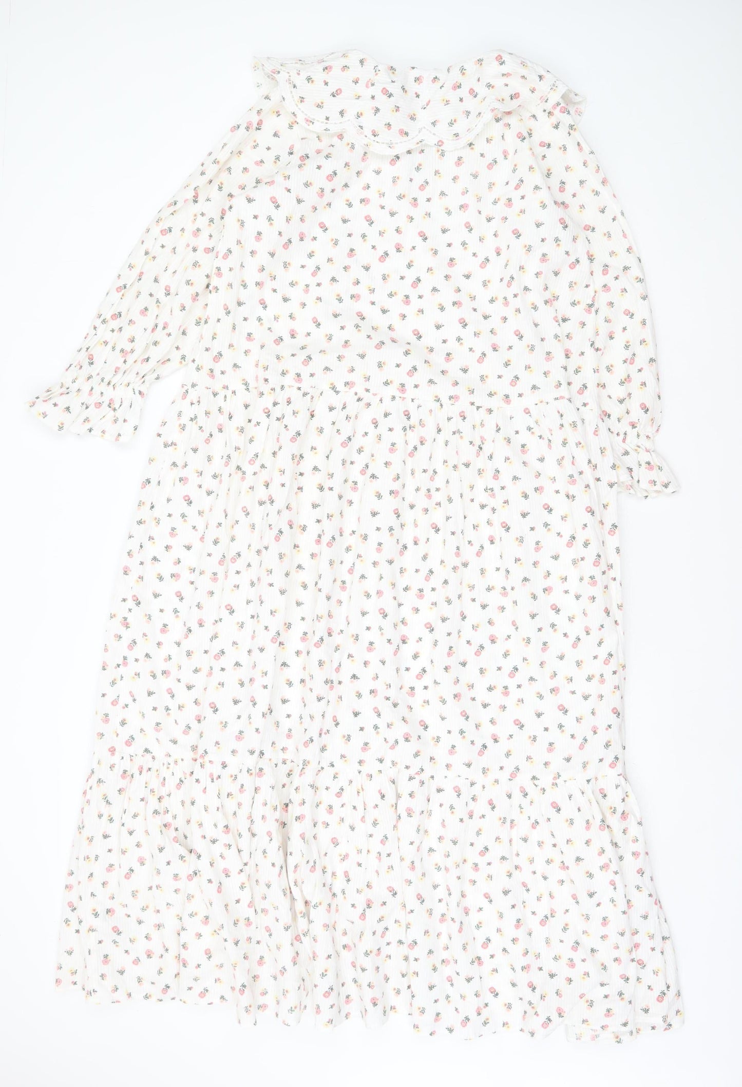 New Look Women White Floral Midi A-Line Dress Size 8 Long Sleeve