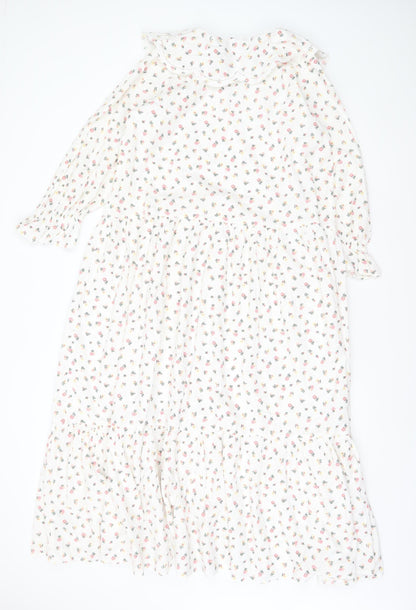 New Look Women White Floral Midi A-Line Dress Size 8 Long Sleeve