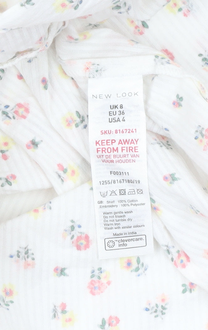 New Look Women White Floral Midi A-Line Dress Size 8 Long Sleeve
