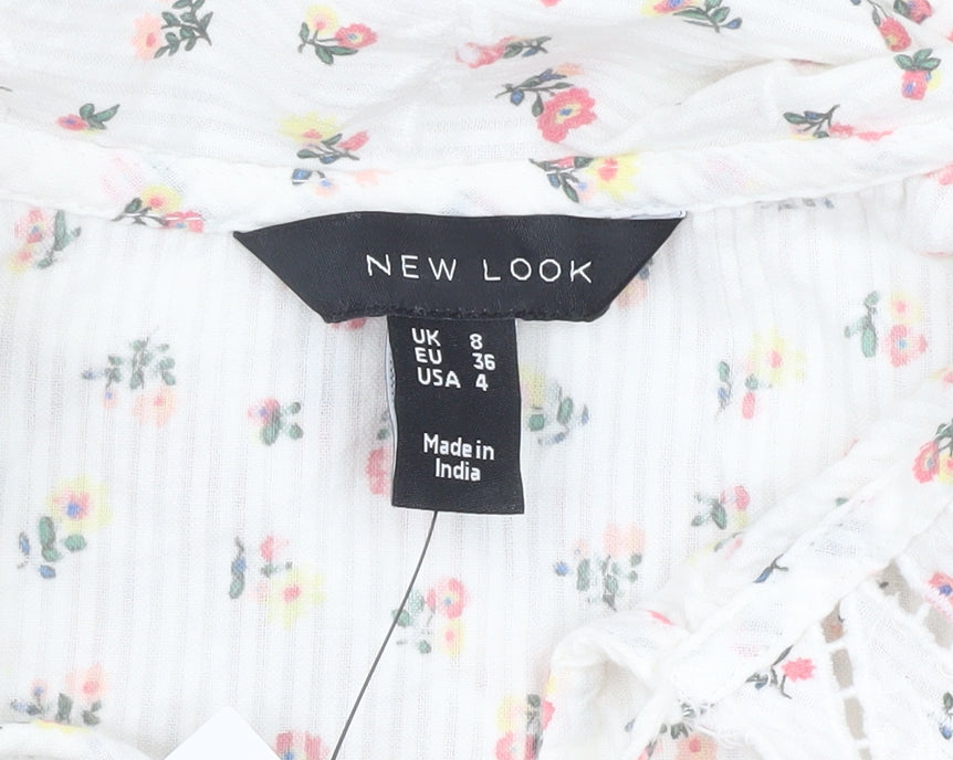 New Look Women White Floral Midi A-Line Dress Size 8 Long Sleeve