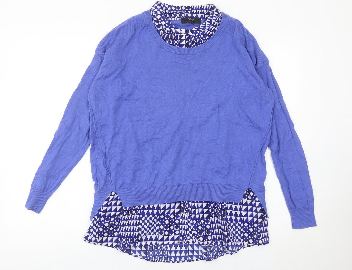 Next Women’s Blue Cotton Pullover Jumper Size 12 Geometric Trim