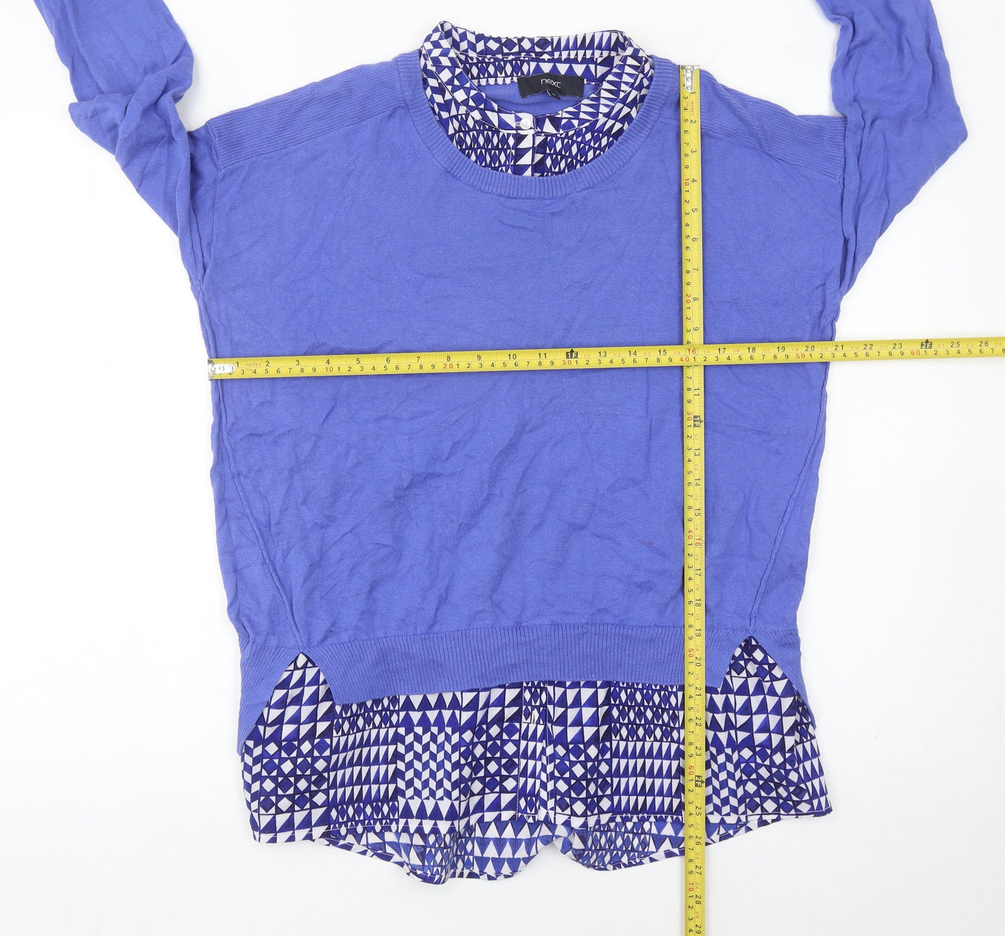Next Women’s Blue Cotton Pullover Jumper Size 12 Geometric Trim