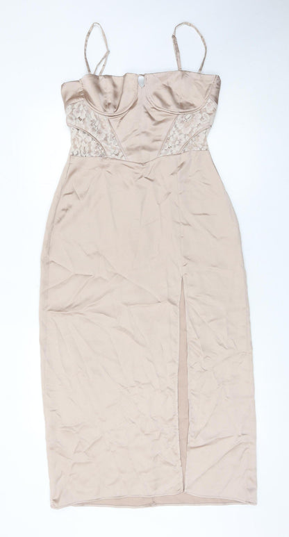 Zara Women Beige Midi Bodycon Dress Size 14 Lace Satin Party