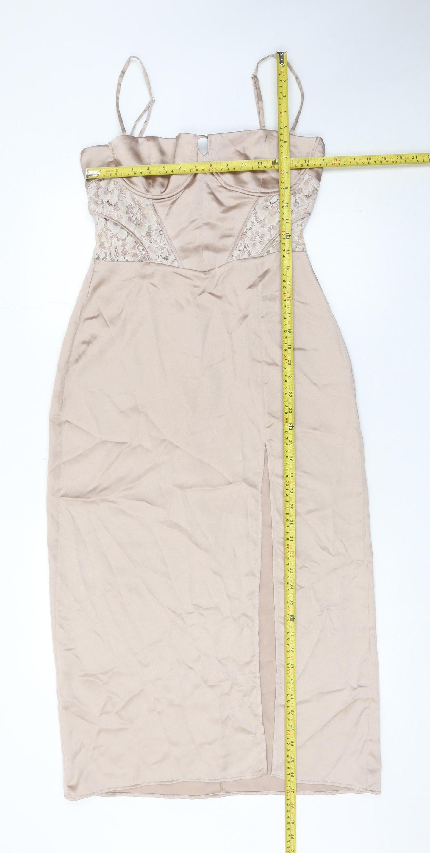 Zara Women Beige Midi Bodycon Dress Size 14 Lace Satin Party
