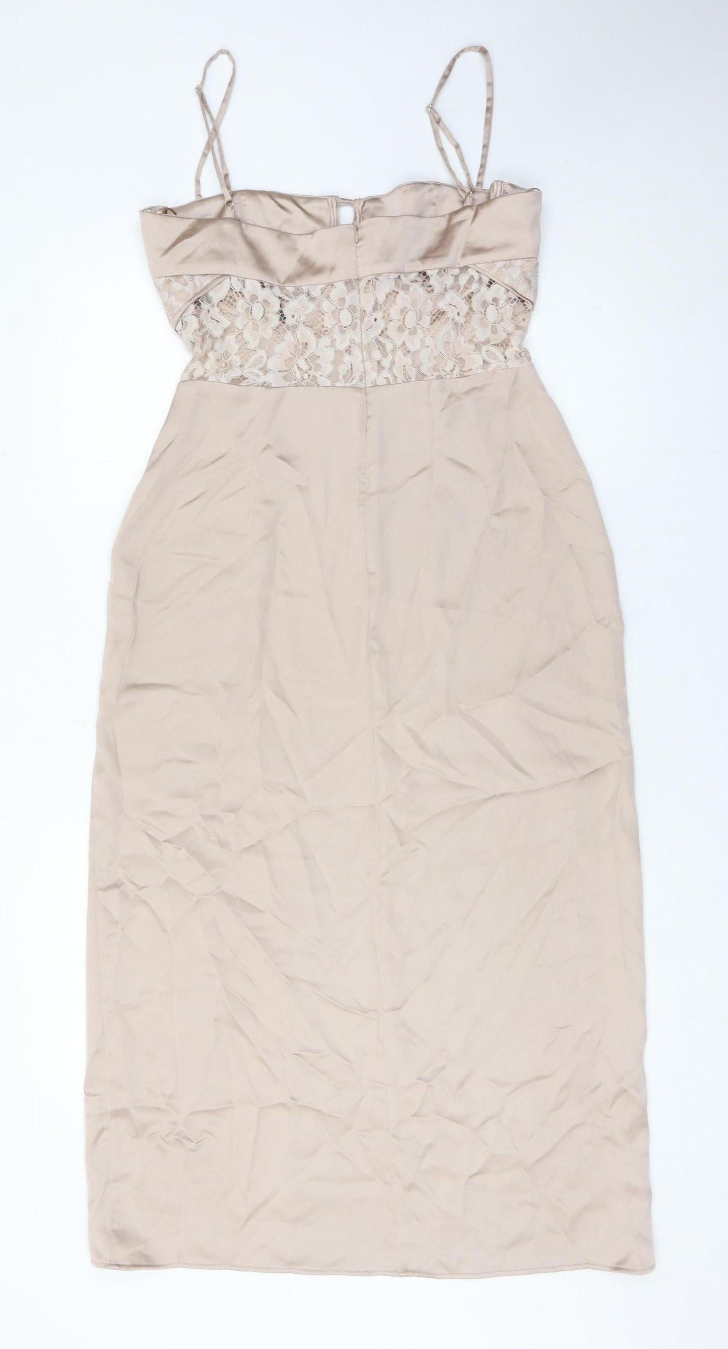 Zara Women Beige Midi Bodycon Dress Size 14 Lace Satin Party