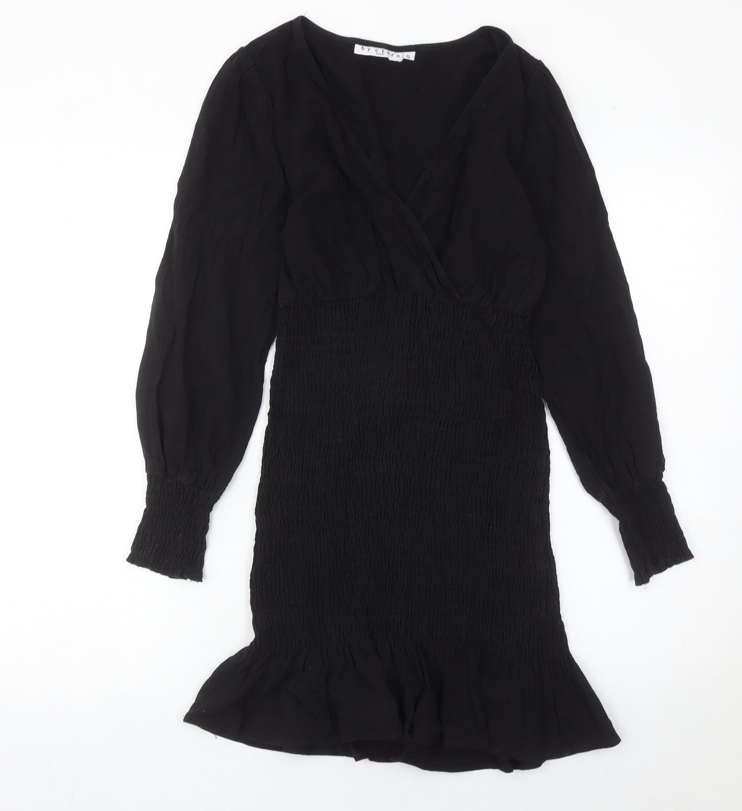 By Clara Women’s Black Short Sheath Dress Size S V-Neck Ruffle